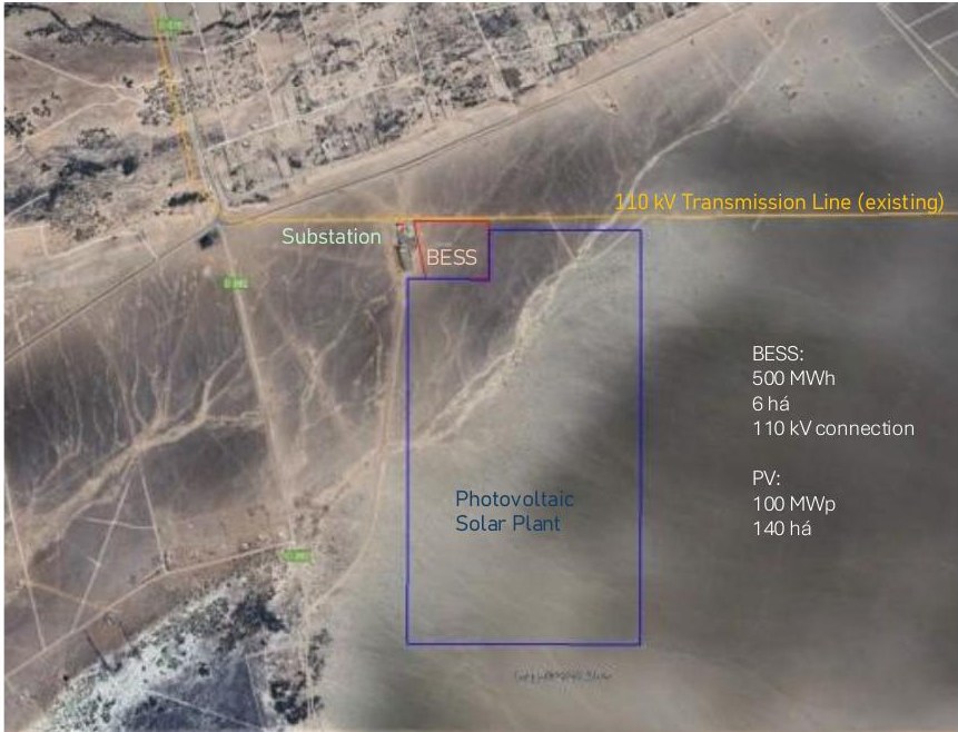 Ibitú project site layout in the Atacama Region, Chile — BESS and PV areas next to an existing substation and 110 kV line.